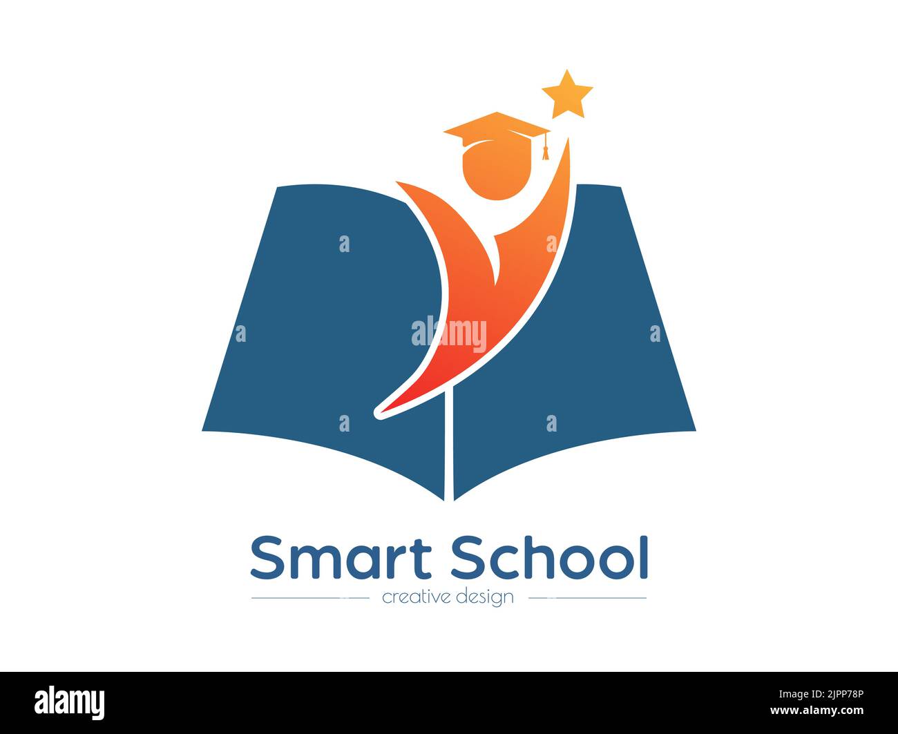 Smart school. An open book and a graduate. Template for logo, sticker, brand label and creative solutions. An idea for websites and applications. Flat Stock Vector