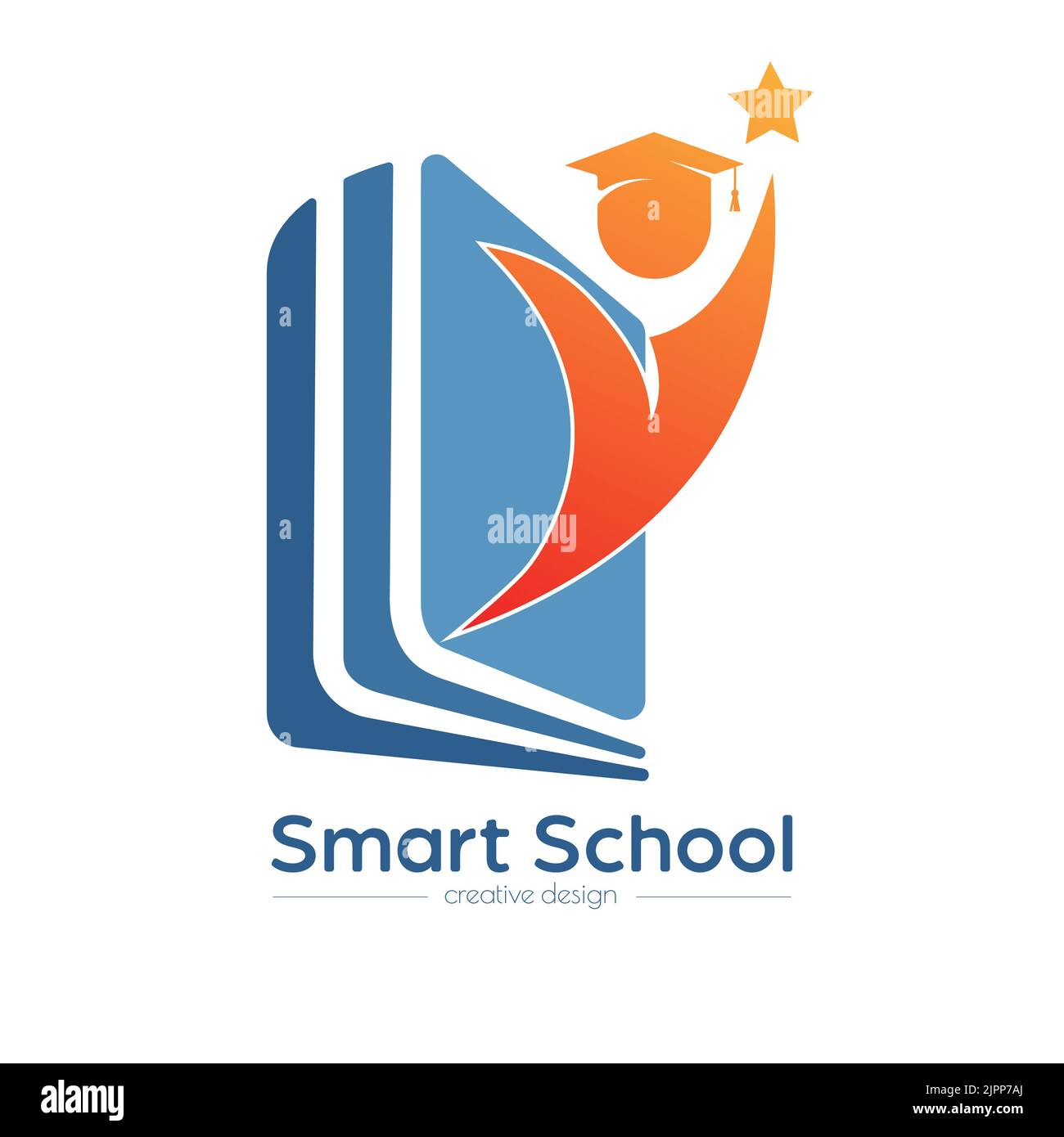 Smart school. An open book and a graduate. Template for logo, sticker, brand label and creative solutions. An idea for websites and applications. Flat Stock Vector