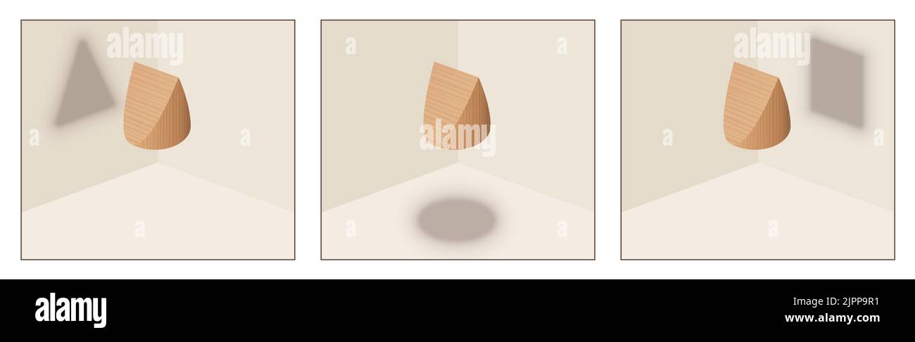 Point of view symbol, matters of opinion. Three different perspectives of a wedge shaped wooden object that casts a round, a triangular and a square. Stock Photo