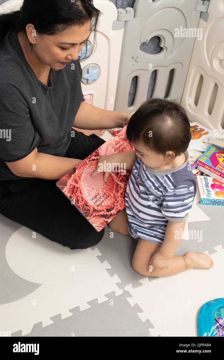 11 month old baby boy at home with mother read to from board book with cloth insert, baby touching area with finger Stock Photo