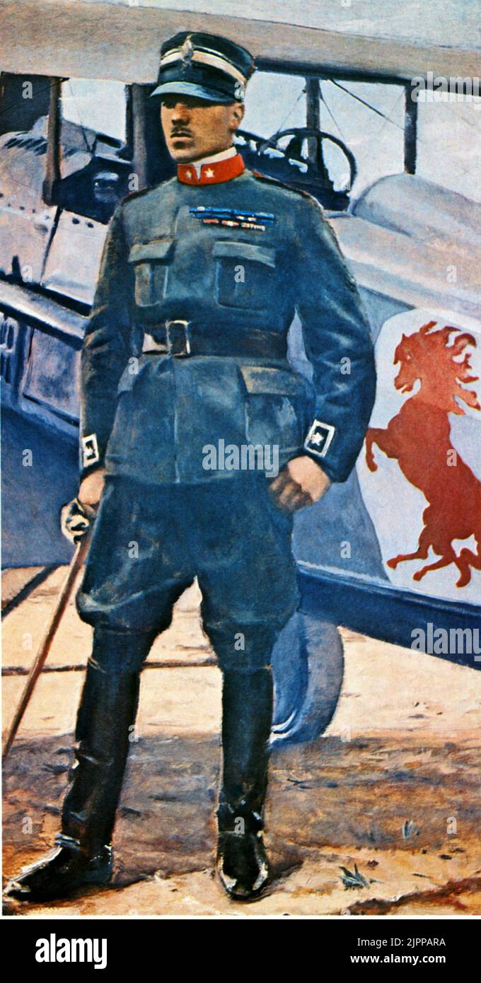 The italian aviator FRANCESCO BARACCA (  1888 - 1918 ) , WWI hero killing from the german fire . The red rampant horse was his symbol why Baracca was a cavalry Officier  passing to the FERRARI sport cars industry . - AVIAZIONE - AVIATORE - EROE - PRIMA GUERRA MONDIALE - GRANDE GUERRA - military uniform - uniforme divisa militare - Ufficiale di Cavalleria - AEREO - AEREOPLANO ----  Archivio GBB Stock Photo