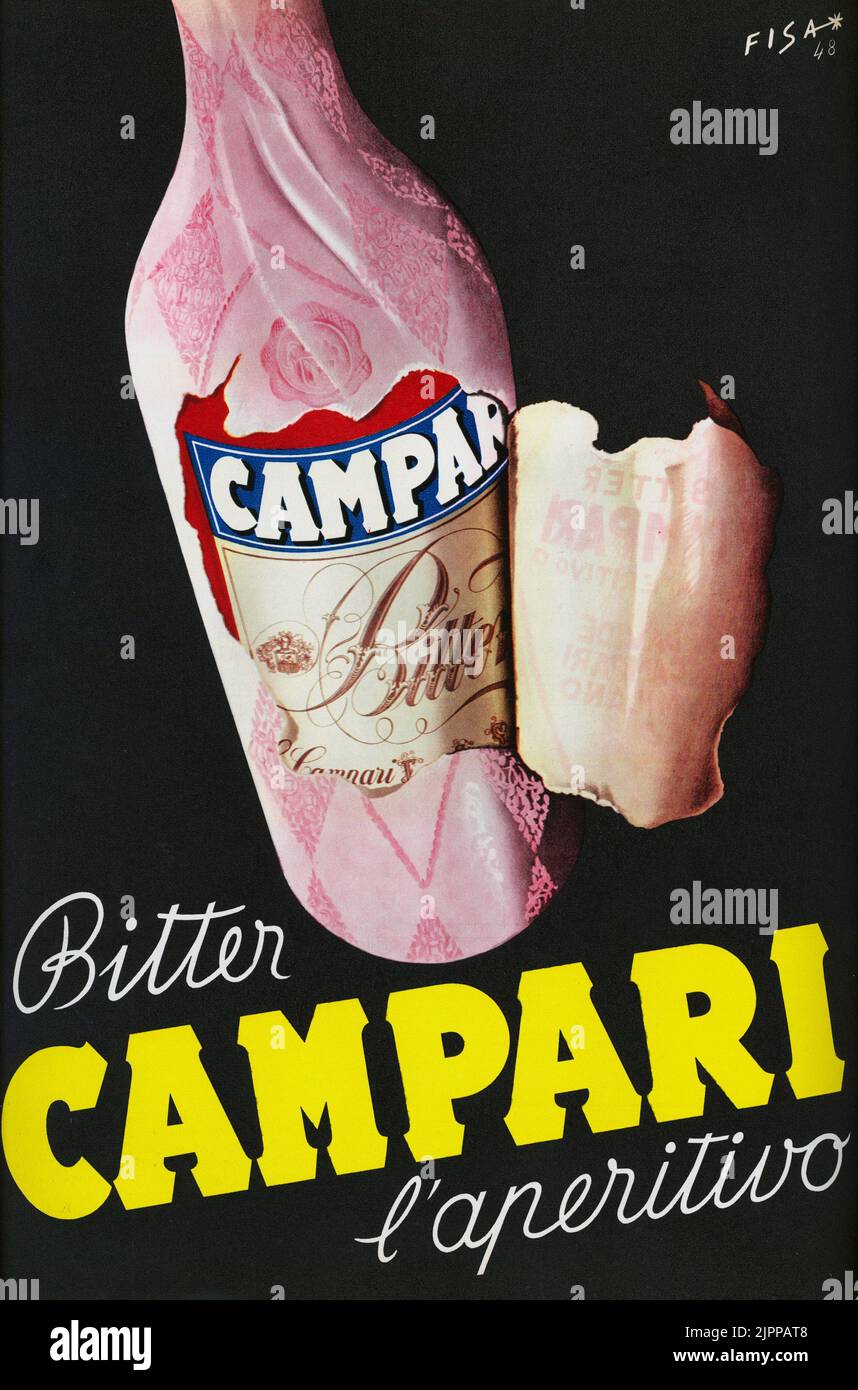 1948 , ITALY : The italian drink industry CAMPARI advertising for the  successfull Bitter Aperitivo , artwork by FISA ( Carlo Fisanotti , born in 1912 ).  - anni 40 - '40 - 40's - poster pubblicitario - industria - manifesto - cartellone - pubblicità  - illustrazione - illustratore ----  Archivio GBB Stock Photo