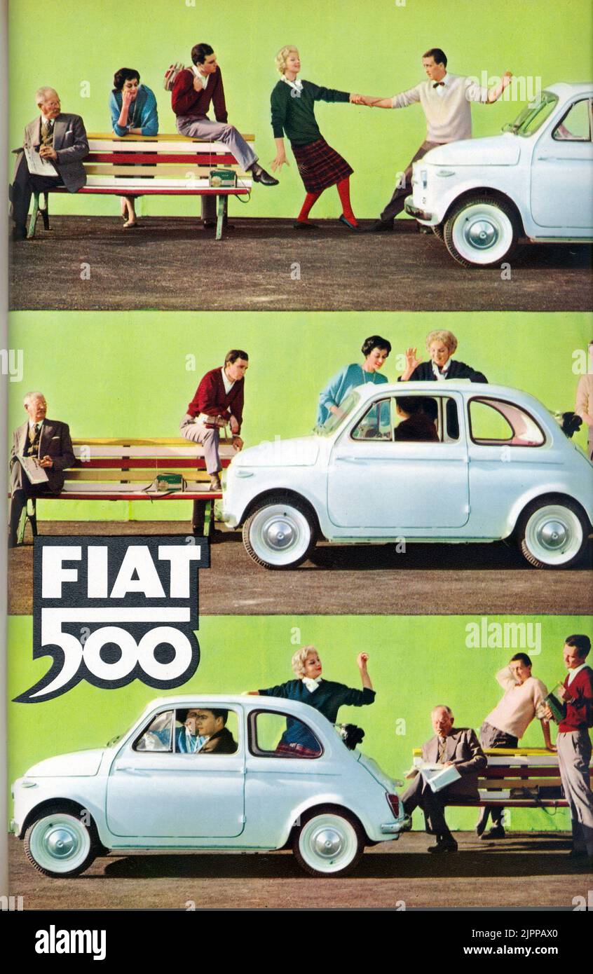 1959  , Italy : The italian car industry FIAT ( F.I.A.T. frabbrica Italiana Automobili Torino )advertising for the new successfull  model 500 FIAT . - GIANNI AGNELLI - automobile - automobili - cars - anni 50 - '50 - 50's - utilitaria - industria - pubblicità ----  Archivio GBB Stock Photo