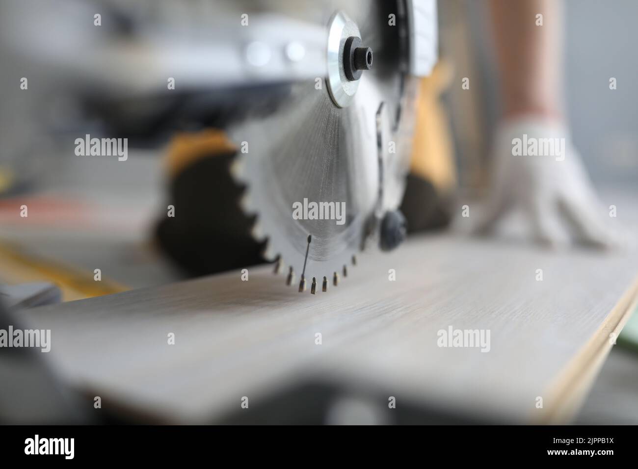 Master cutting piece of laminated wood shelves with manual electric saw in apartment Stock Photo