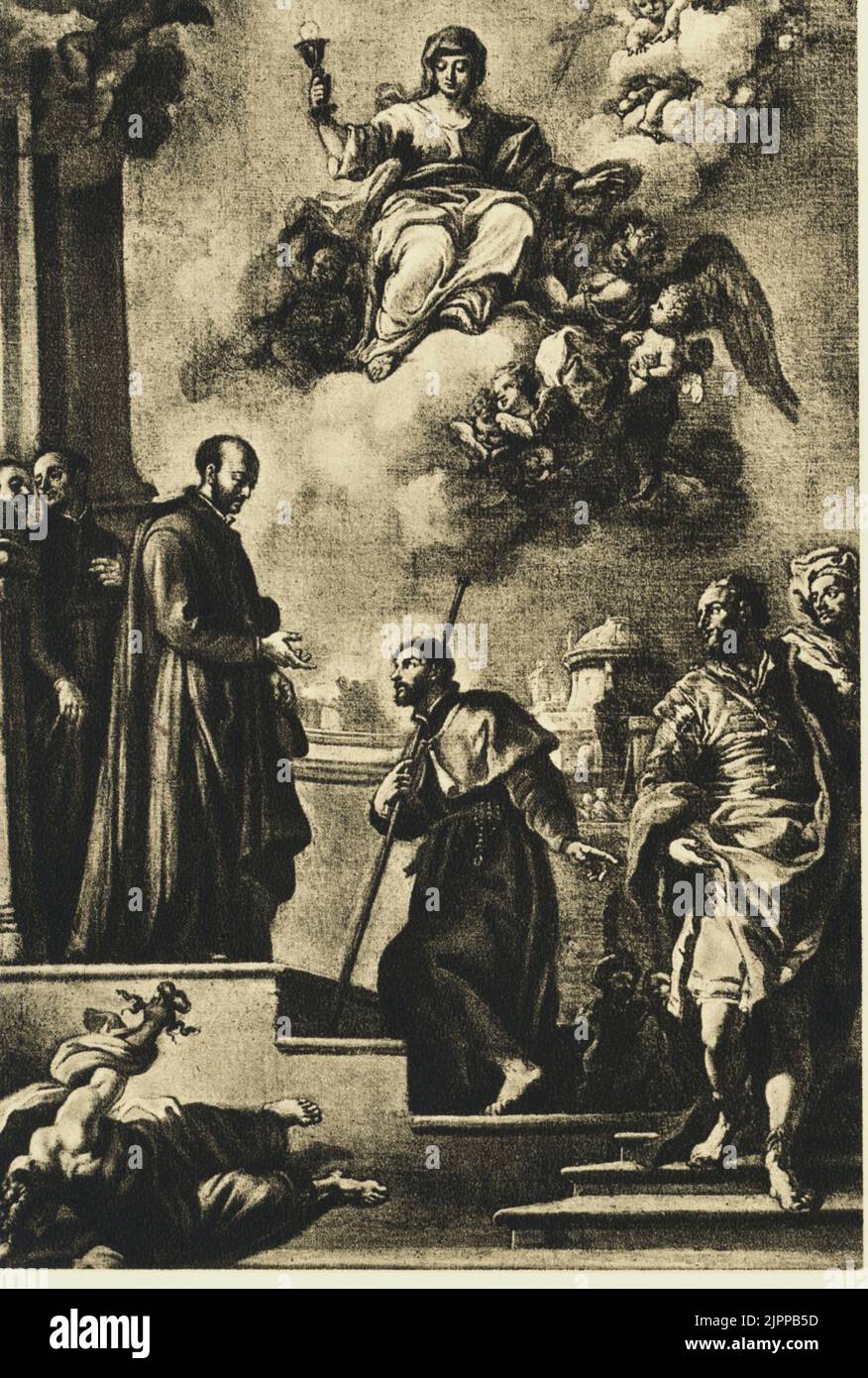 Saint IGNATIUS of LOYOLA ( 1491 - 1556 ) benedicent SAN FRANCESCO SAVERIO ( Javier 1506 - Sancian Isle 1552 9 before his travel to Indies ( 16 march 1540 ),  portrait by Anonymous , Rome , Camere di San Ignazio .  Founder of Order of Company of Jesus . - San IGNACIO - IGNAZIO di  - SANTO - RELIGIONE CATTOLICA - CATHOLIC RELIGION  - aureola  - Fondatore Compagnia di Gesù - GESUITI - GESUITA - Francis Saverius  - beard - barba - MISSIONI - MISSIONARIO - MISSION - MISSIONE   ----  Archivio GBB Stock Photo