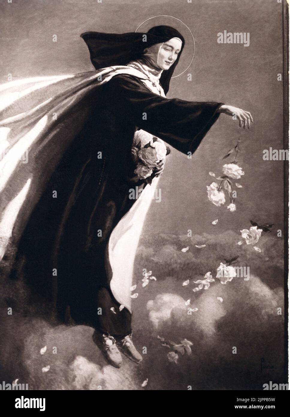 Saint Mother Thérèse of LISIEUX ( Marie françoise Thérèse Martin - 1873 - 1897 ) , sainte from 1925 , author of Histoire d'une ame ( post. 1898 ) - MADRE TERESA di LISIEUX del Banbino Gesù e del Volto santo , Santa canonizzata nel 1925 , autrice di Storia di un' anima ( post. 1898 ) - Portrait from french  painter PASCAU ( 1918 ca. )  - CATHOLIC RELIGION - RELIGIONE CATTOLICA - SANTO - SANTA Maria Teresa di - blessed - portrait - ritratto - rose - roses - flying nun - suora di clausura - nun of cloister - aureola  - volo - fly - nuvole ----  Archivio GBB Stock Photo