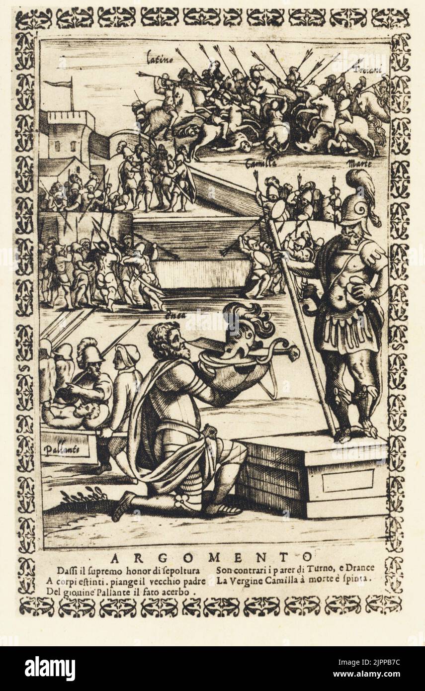 Illustration from the ENEIDE , 1608 italian traslation , Padova Edition P. P. Tozzi , LIB. XI , The Death of Pallante , by Publio VIRGILIO Marone ( Andes , Mantua 70 - Brindisi 19 . BC ) latin poet - POETA - POESIA LATINA - latino - LETTERATO - LETTERATURA - LITERATURE - book - libro - illustrazione - engraving - incisione - ENEA - MARTE - GUERRA di TROIA - TROY WAR - Camilla - armatura - armure - battaglia - battle - SCRITTORE - WRITER - VIRGILIUM - VIRGIL  ----  Archivio GBB Stock Photo