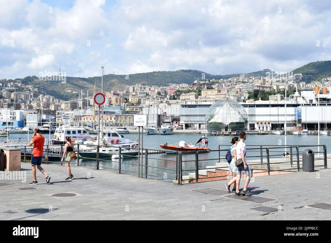 GENOA, ITALY - AUGUST 15, 2022: View from the old port area (Porto Antico) in Genoa. Stock Photo