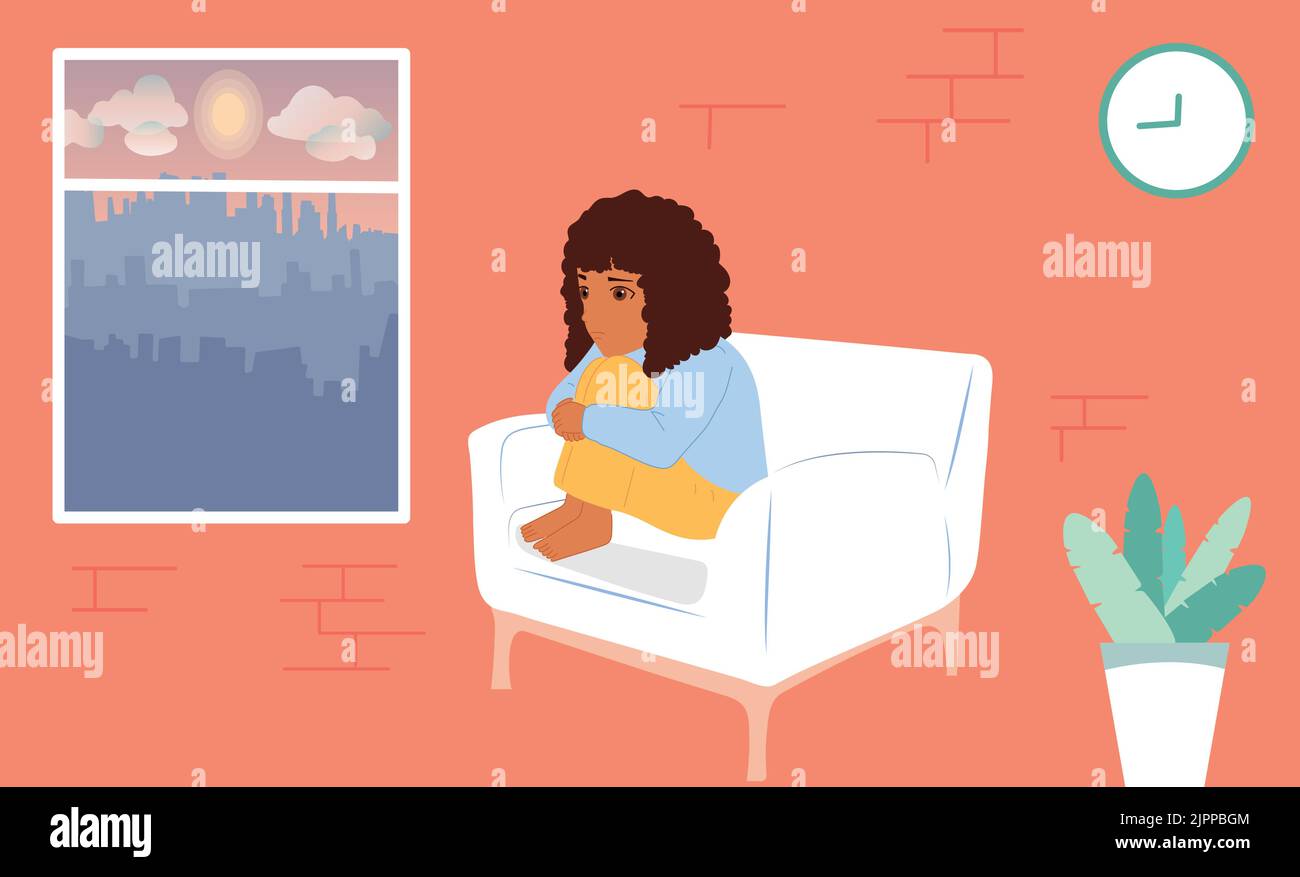 Sad african american girl is sitting on the sofa near. Stock Vector