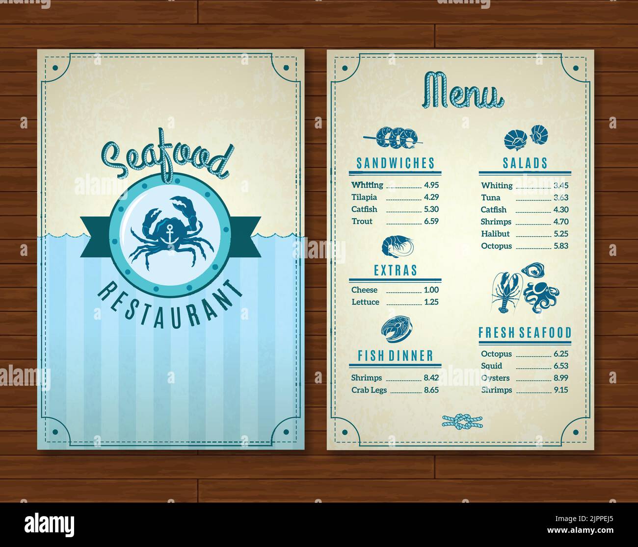 Seafood restaurant menu template with ocean design symbols vector illustration Stock Vector
