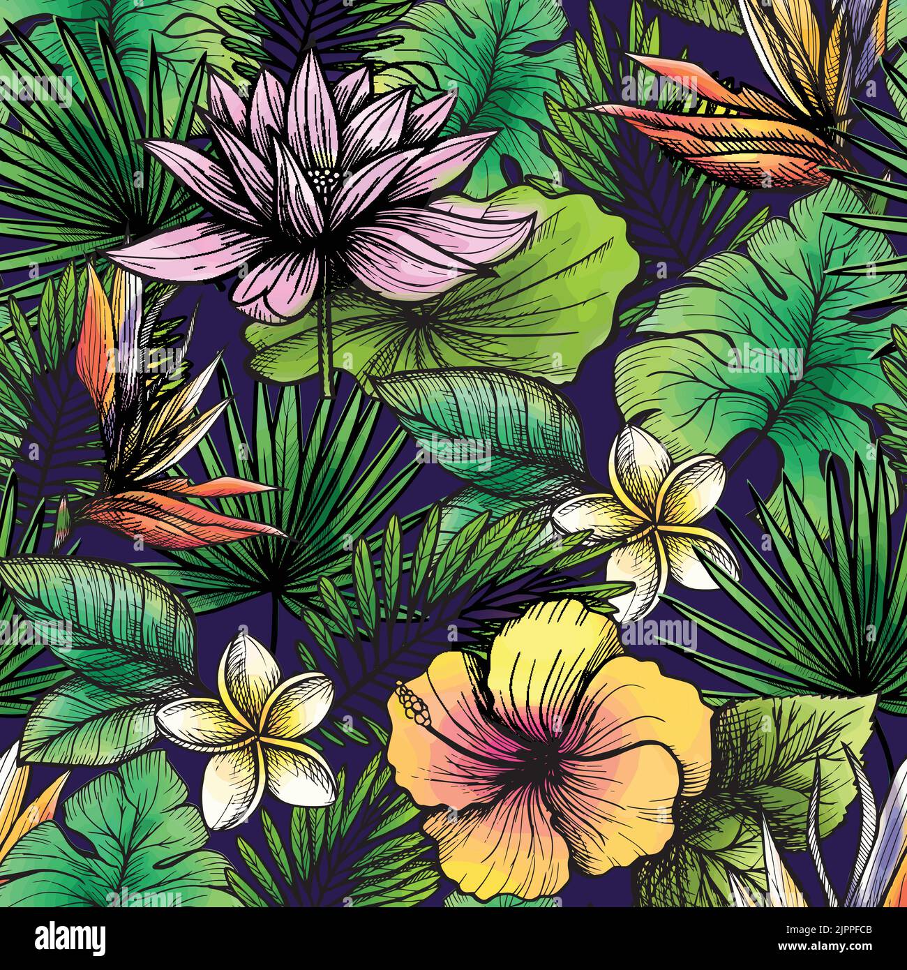 Tropical seamless pattern with hand drawn leaves and flowers vector illustration Stock Vector