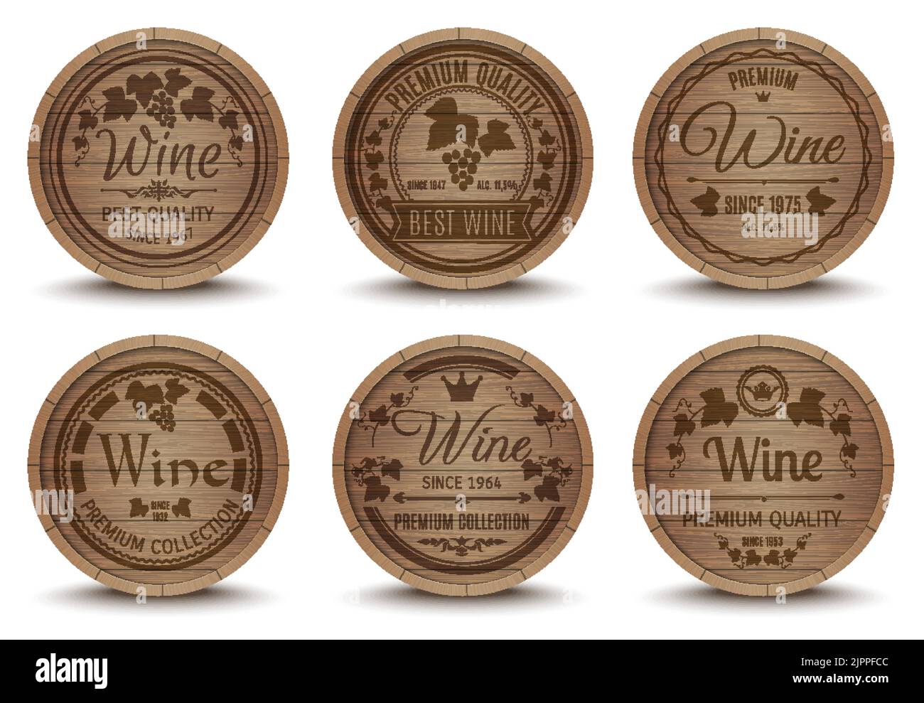 Wine oak barrels special collection labels emblems set for best quality premium product abstract isolated vector illustration Stock Vector