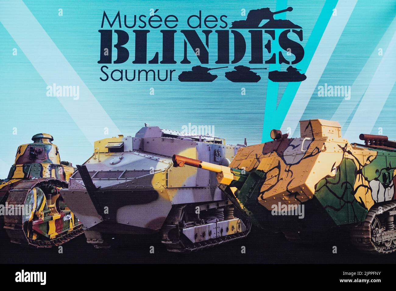 Poster illustrating tanks at Musèe des Blindes in Saumur, France Stock Photo