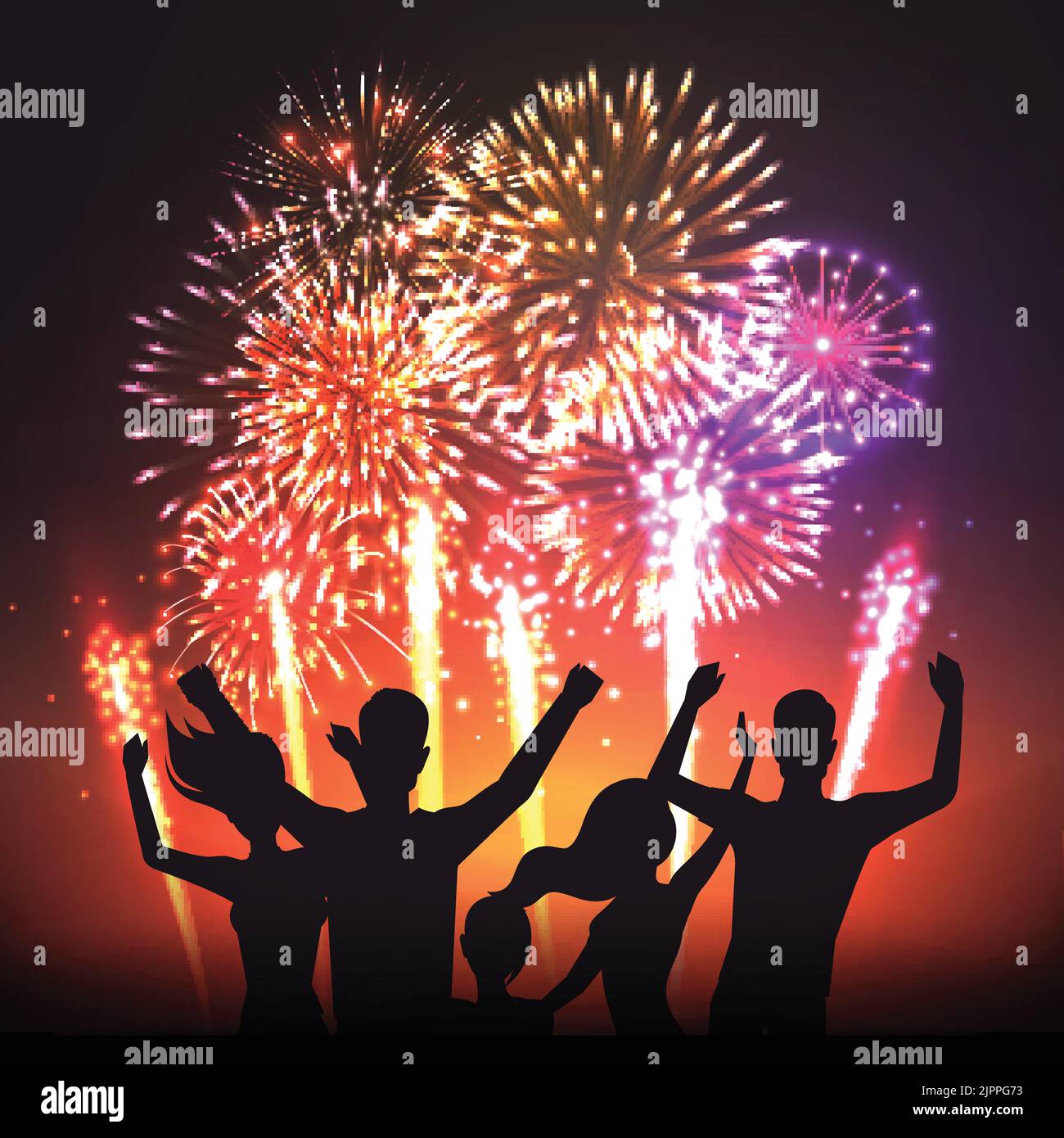 Celebrating people black silhouettes against sparkling lights of bursting into sky fireworks balls banner abstract vector illustration Stock Vector