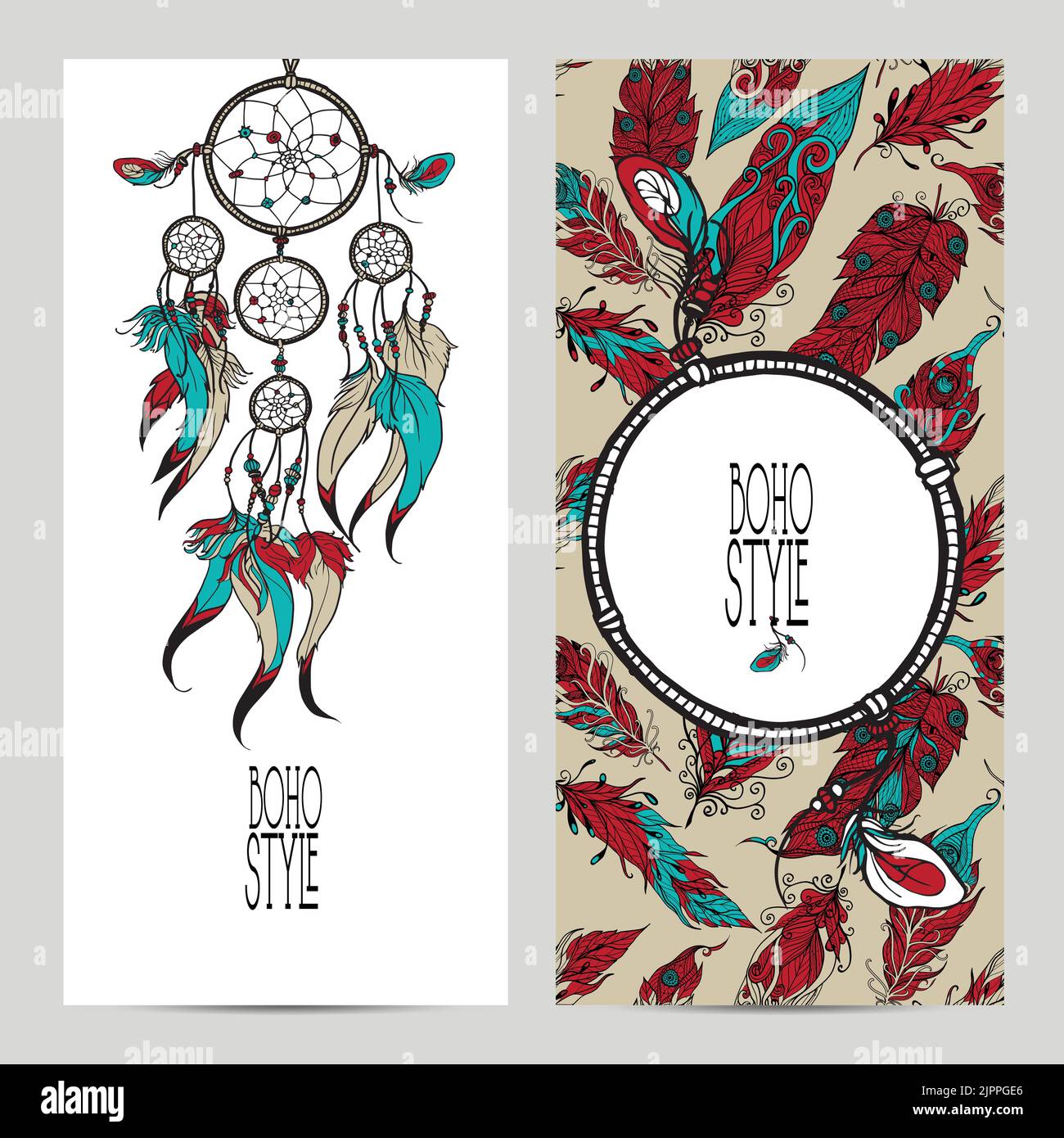 Boho style vertical banner set with sketch dreamcatcher and feathers ...