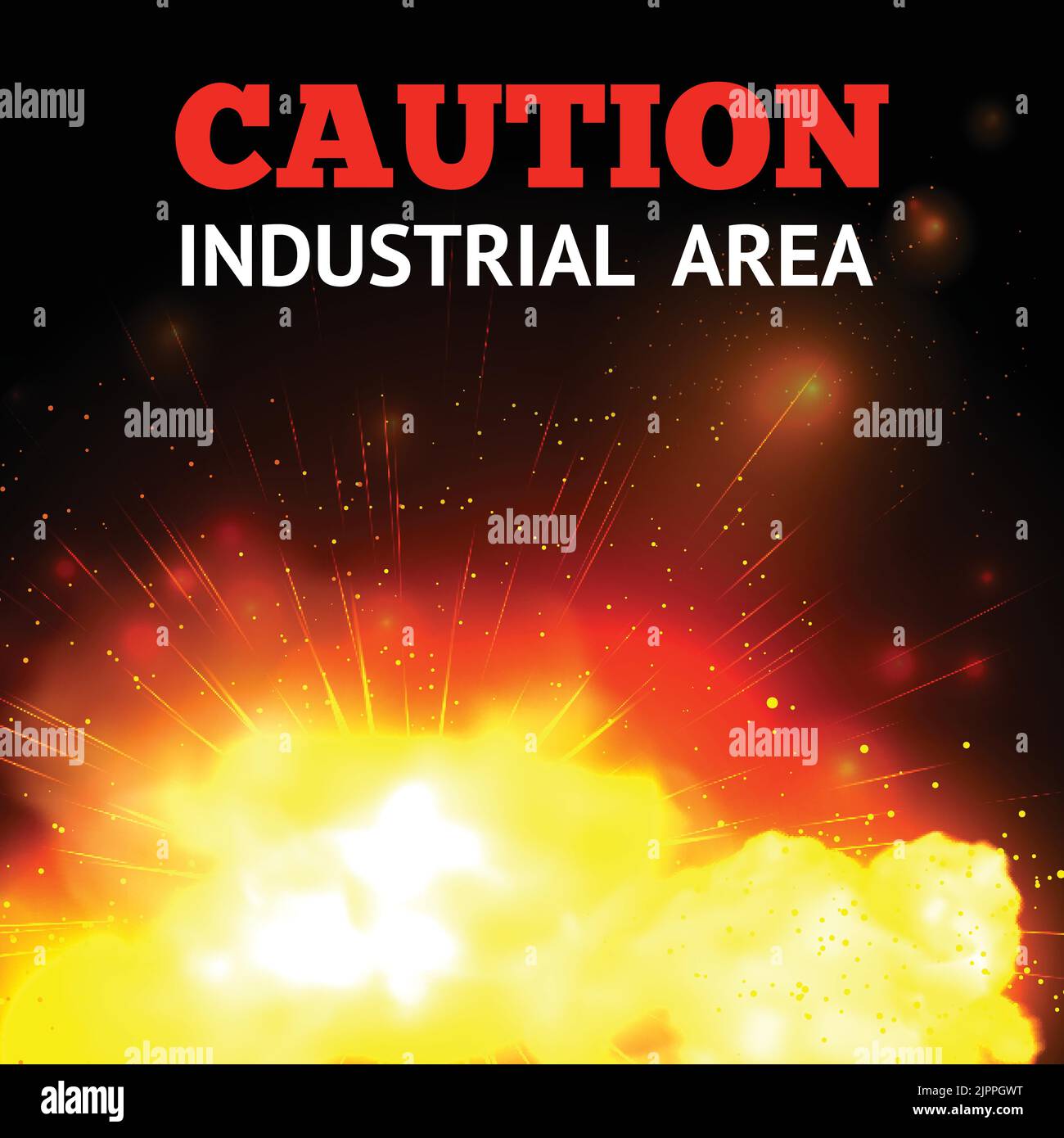 Explosion background with realistic fire and caution industrial area text vector illustration Stock Vector
