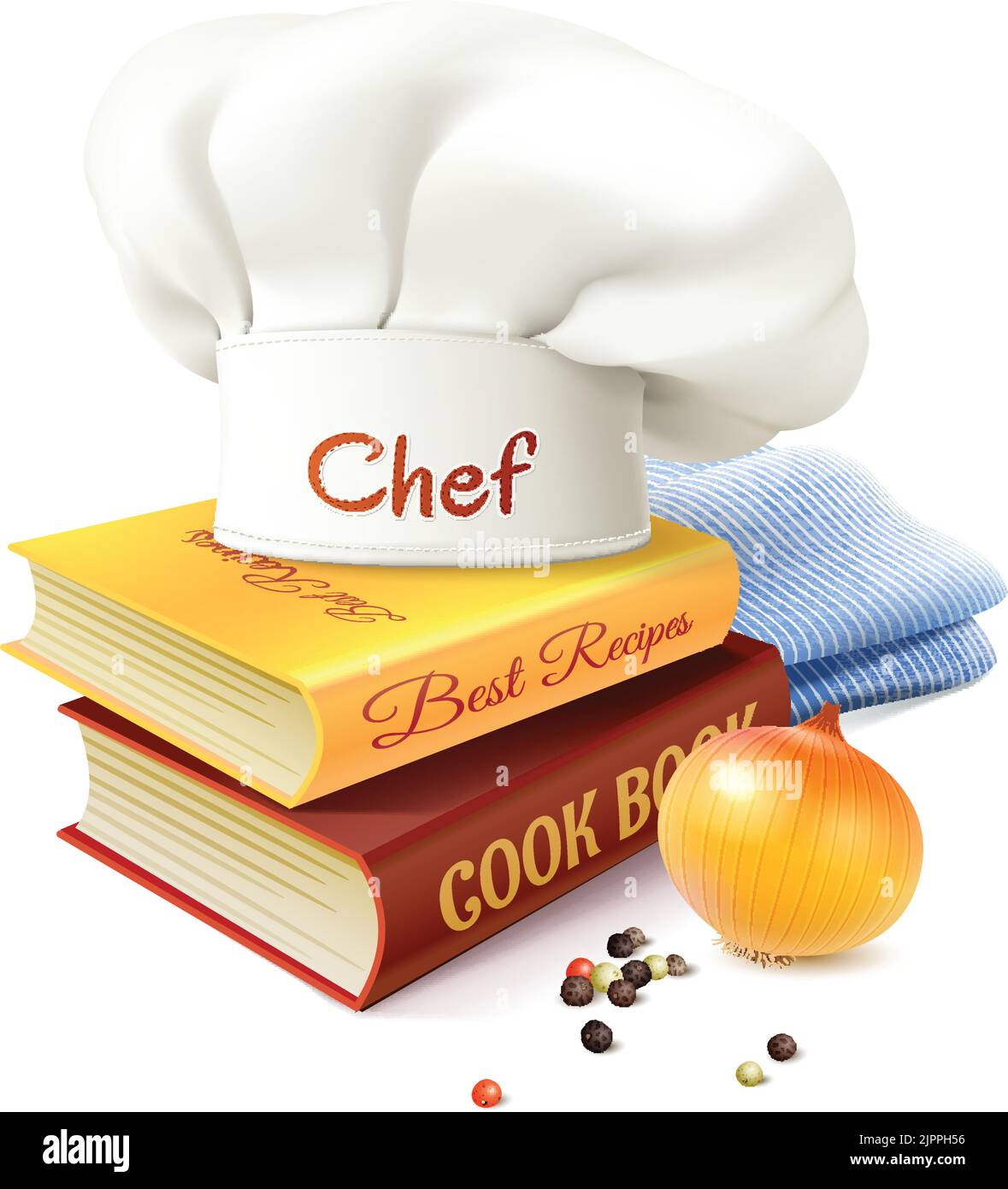 Chef and cooking realistic concept with cook books hat and onion vector illustration Stock Vector