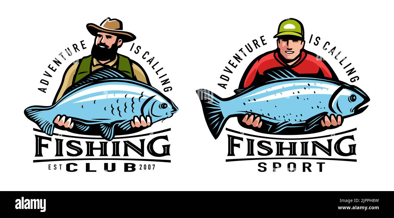 Fisherman holds big fish caught on fishing rod. Sport fishing emblem or logo design template. Vector illustration set Stock Vector