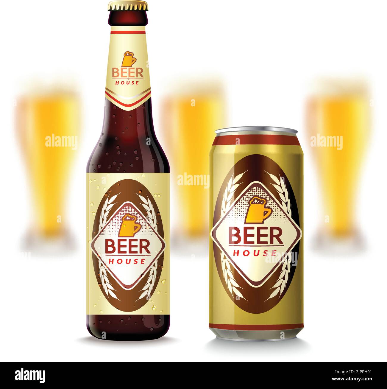 Realistic glass beer bottle and tin can with glasses on background vector illustration Stock