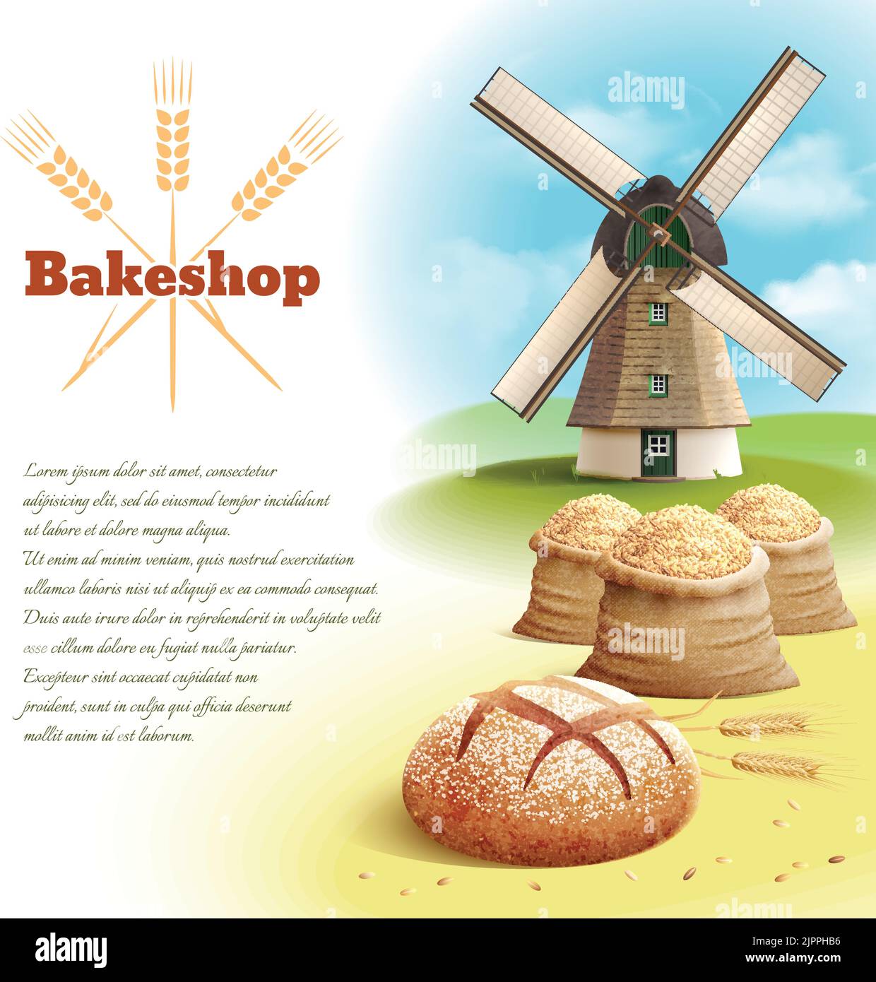 Bread background with old style country windmill and wheat harvest vector illustration Stock Vector
