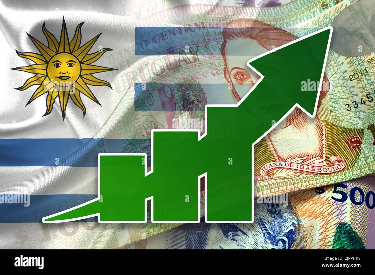 Economy Chart Up Arrow, Cash Uruguayan Pesos, and Flag of Uruguay