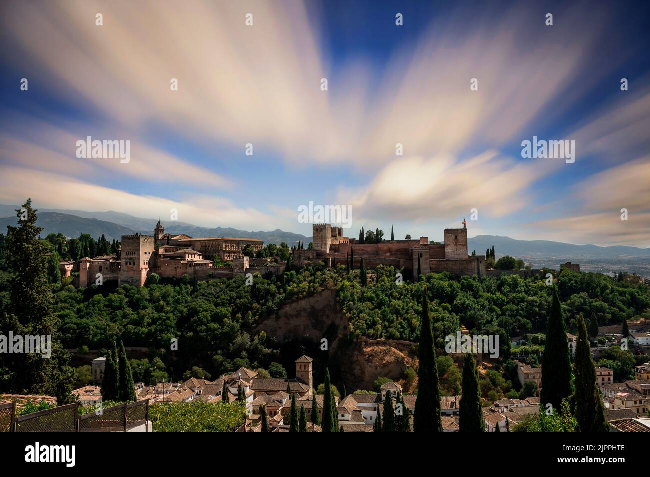 The Glorious Alhamra (Alhambra) Palace, Granada, Spain. The magnificent structure was built in 889 AD during the Muslim rule over Spain. Stock Photo