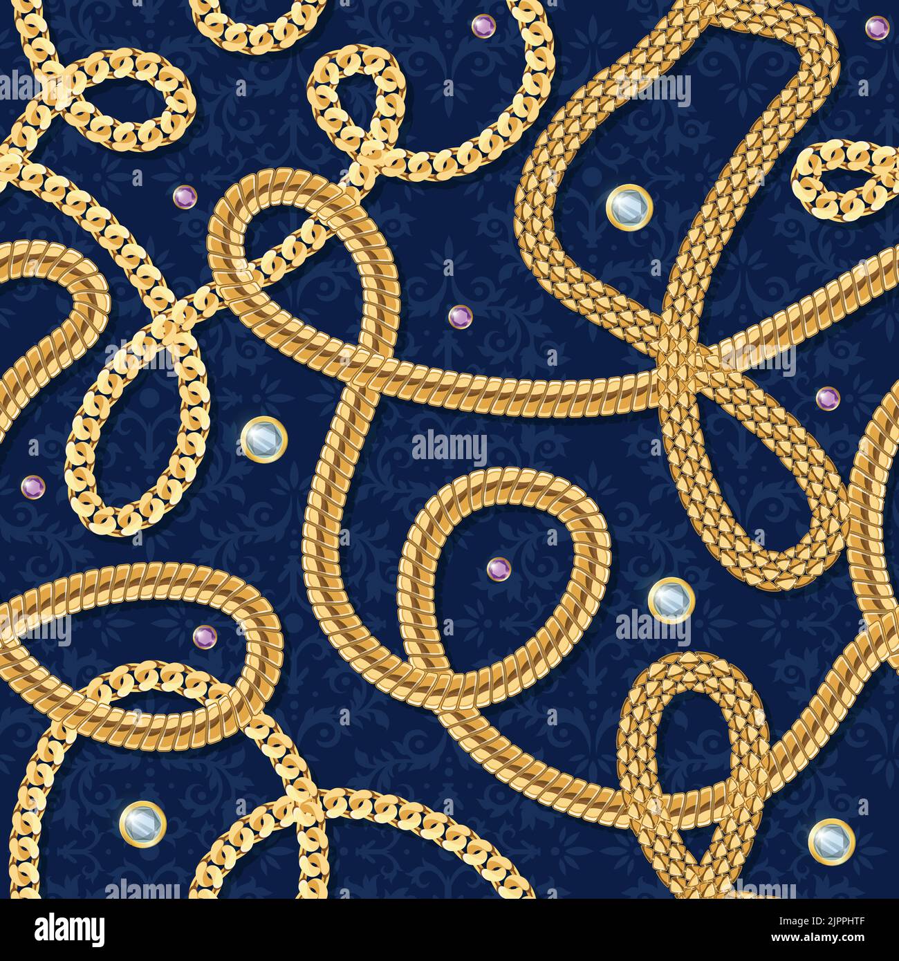 Gold chain seamless pattern with jewels on blue background realistic vector illustration Stock Vector