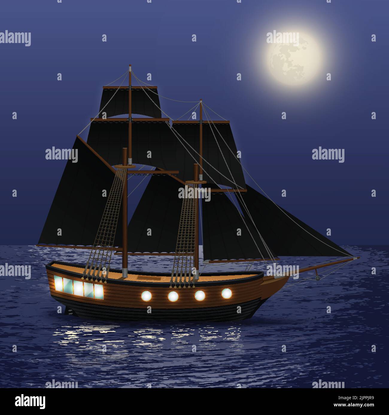 Vintage ship with black sails at night sea background vector illustration Stock Vector
