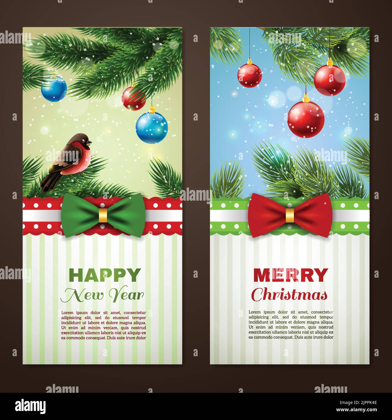 Christmas and new year season classic greetings cards samples 2 vertical banners set abstract isolated vector illustrationt Stock Vector