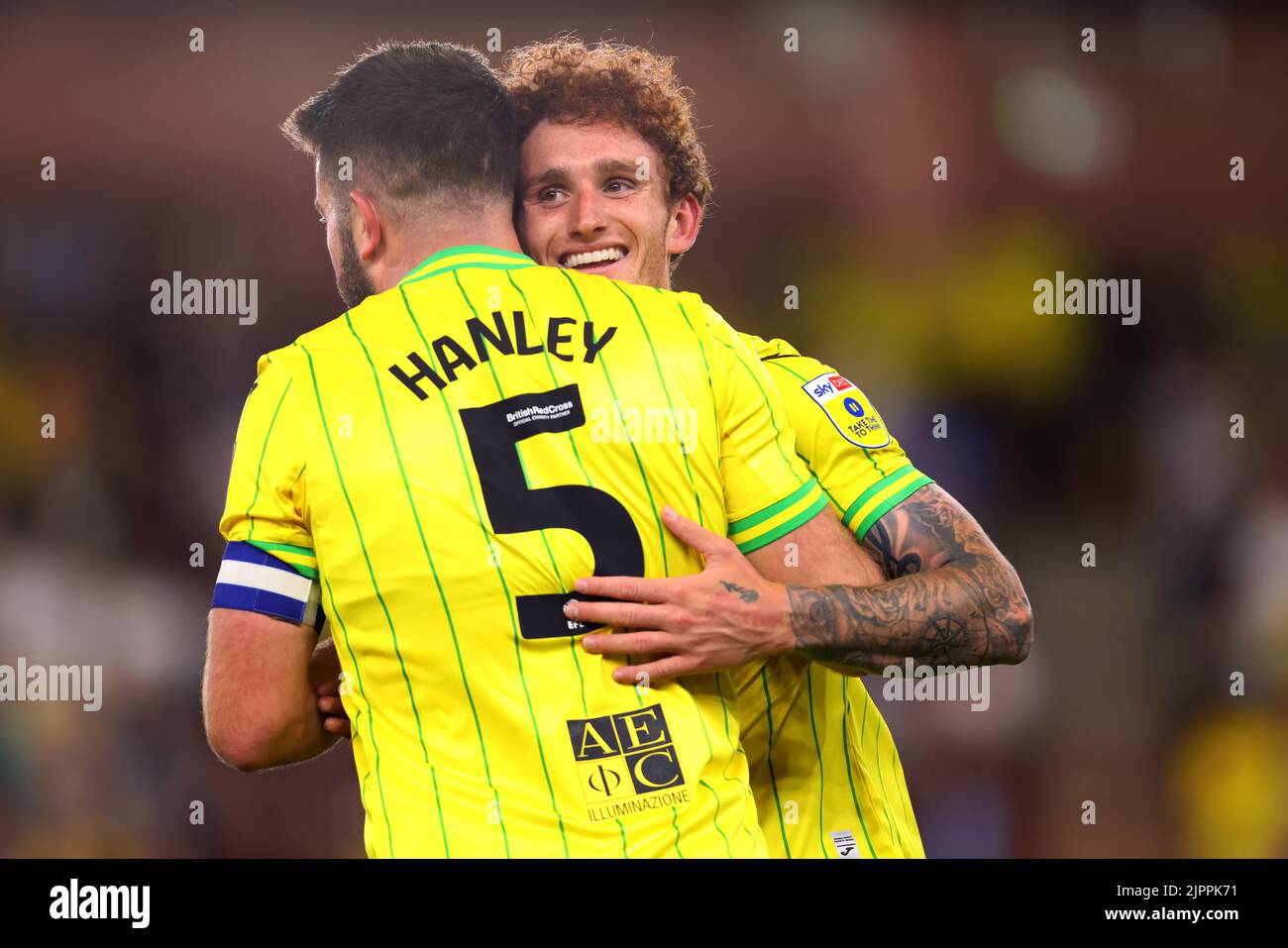 Carrow Road, Norwich, Norfolk, UK. 19th Aug, 2022. EFL Championship League football, Norwich versus Millwall; Josh Sargent of Norwich City celebrates with Grant Hanley after he scores for 1-0 in the 50th minute Credit: Action Plus Sports/Alamy Live News Stock Photo
