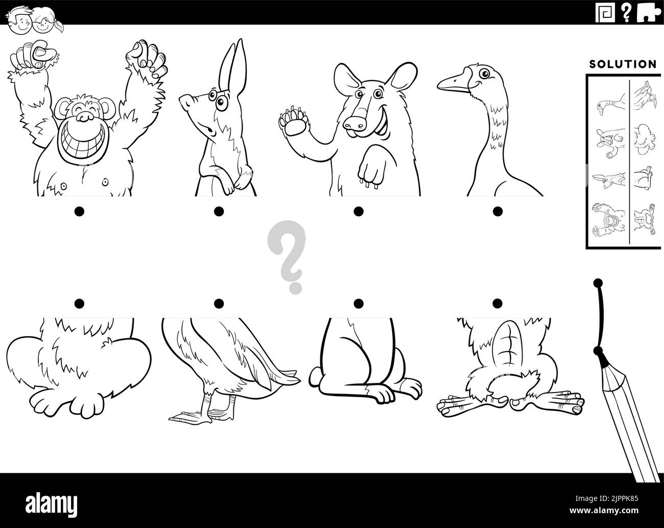 Black and white cartoon illustration of educational task of matching halves of pictures with comic animal characters coloring page Stock Vector