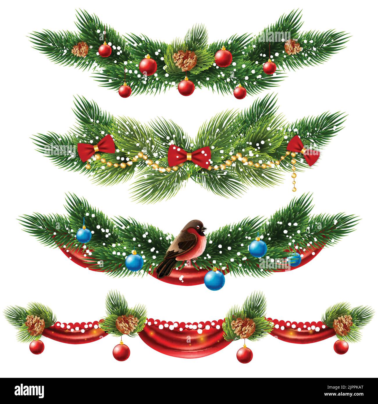 Christmas realistic borders set with pine tree and decorations isolated vector illustration Stock Vector