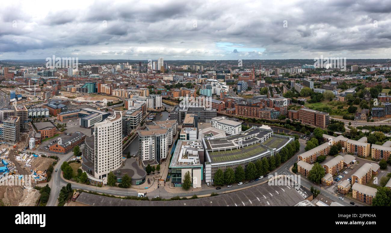 LEEDS, UK - AUGUST 19, 2022.  An aerial panorama cityscape of Leeds Dock area of the city centre with luxury waterfront properties at Roberts Wharf Stock Photo