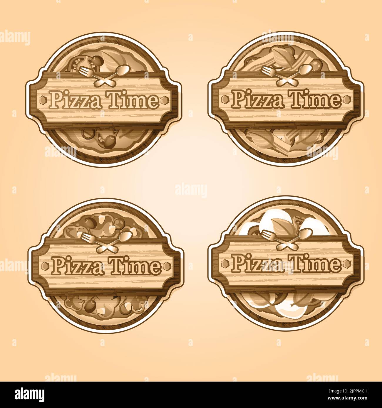 Colorful italian food concept with different kinds of tasty pizza on wooden background vector illustration Stock Vector