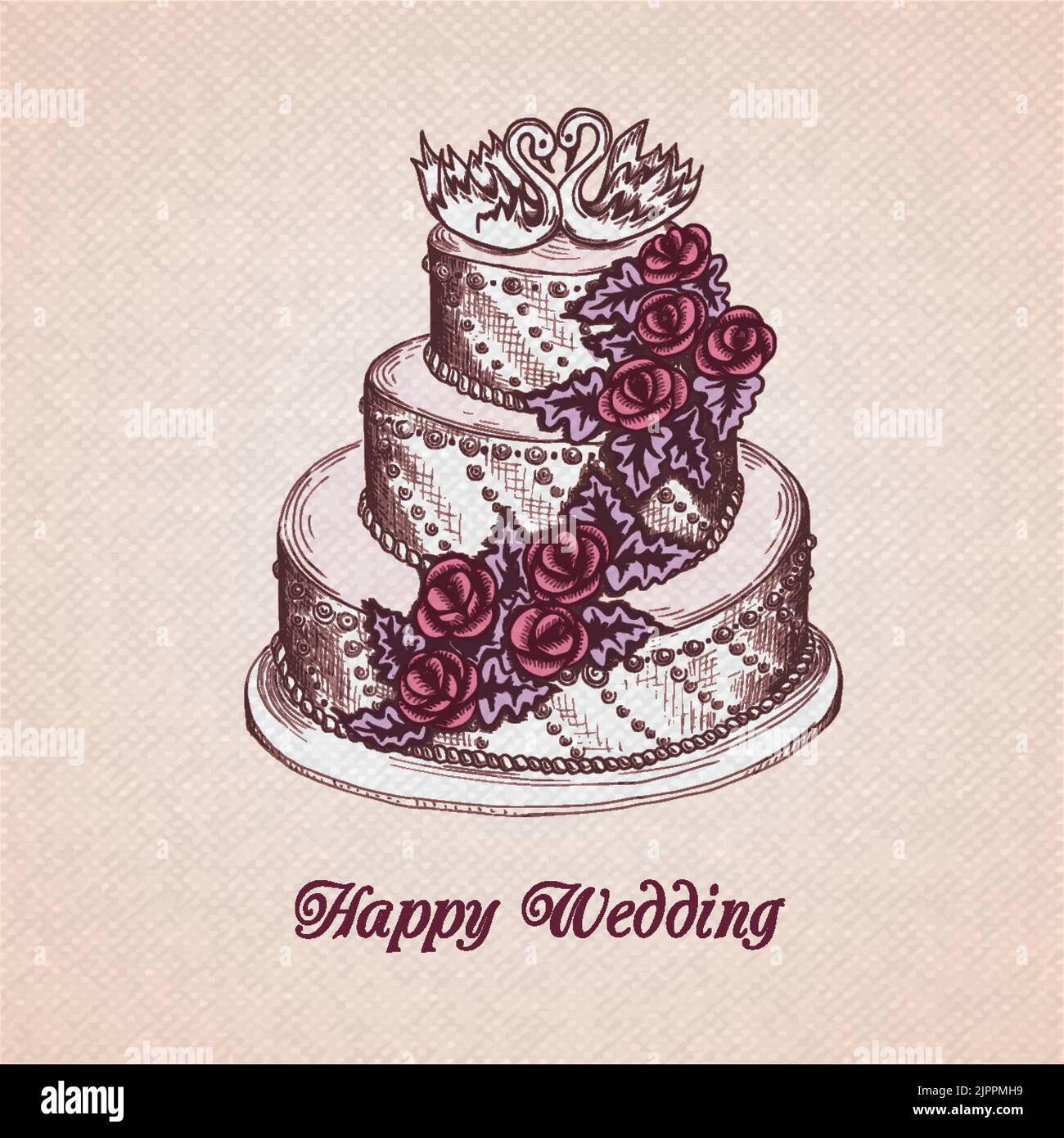 Happy wedding greeting card with cake decorated with cream flower garland and swans vector illustration Stock Vector