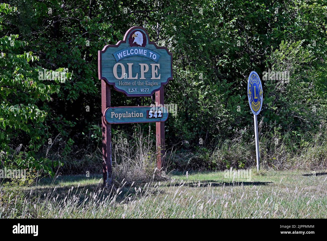 OLPE, KANSAS AUGUST 13, 2022 sign with current population numbers for Olpe Stock Photo