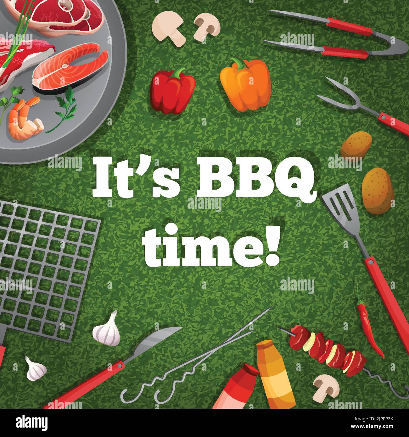 Bbq barbecue grill picnic poster with meat fish vegetables vector illustration Stock Vector