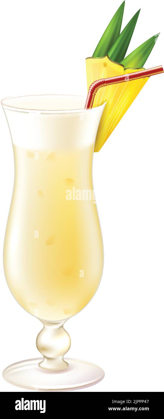 Pina colada realistic cocktail in glass with pineapple slice and drinking straw isolated on white background vector illustration Stock Vector
