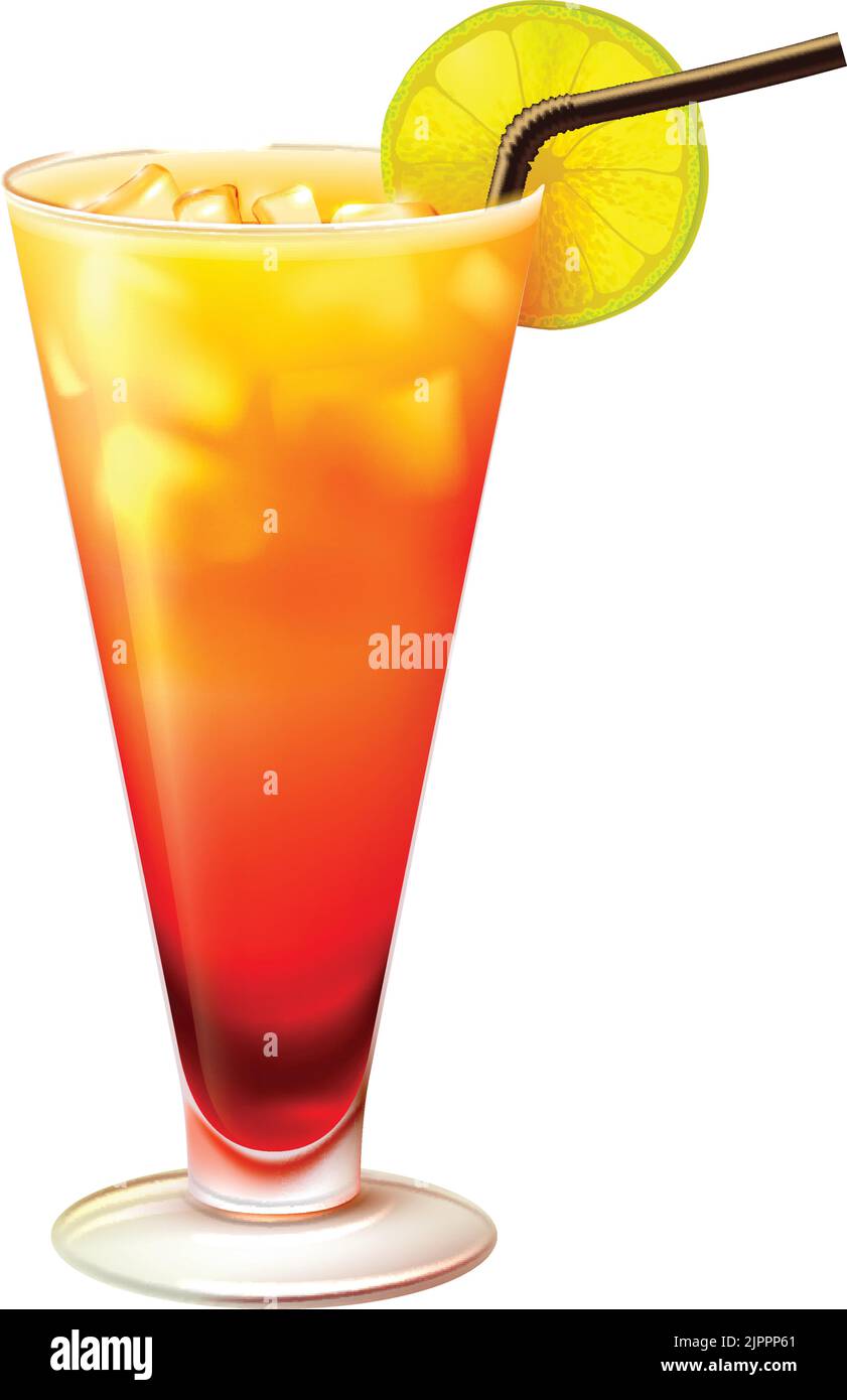 Tequila sunrise realistic cocktail in glass with lemon slice and drinking straw isolated on white background vector illustration Stock Vector