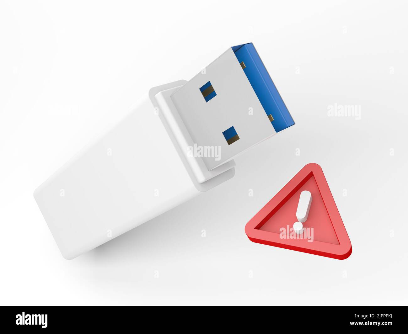 USB flash drive isolated on white background. Warning sign. Thumb drive. 3d illustration. Stock Photo