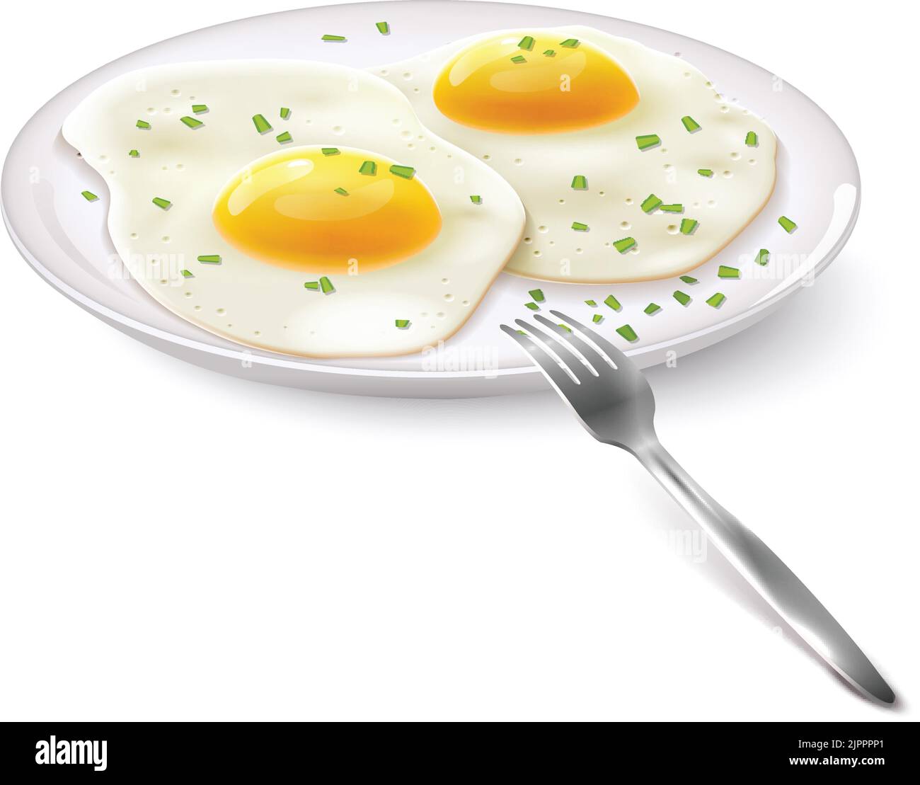 Fried eggs breakfast on plate with fork realistic isolated on white background vector illustration Stock Vector