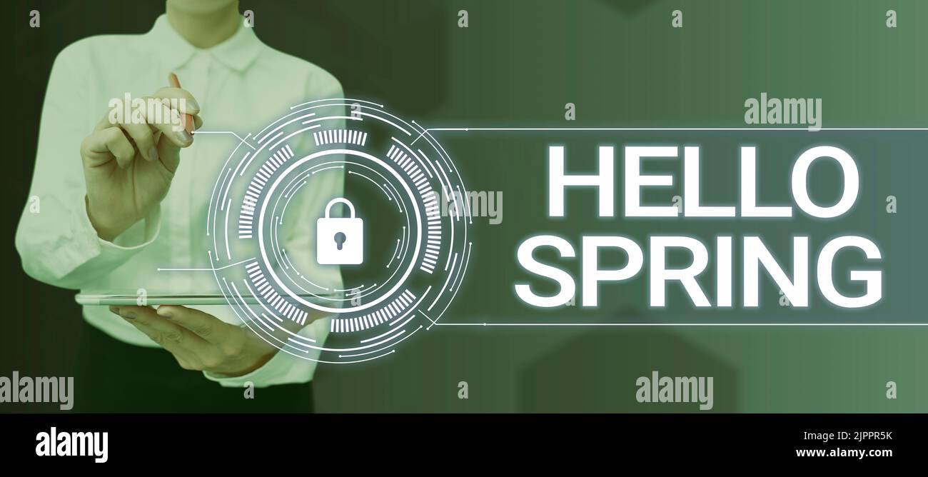 Hand writing sign Hello Spring, Business concept Welcoming the season ...