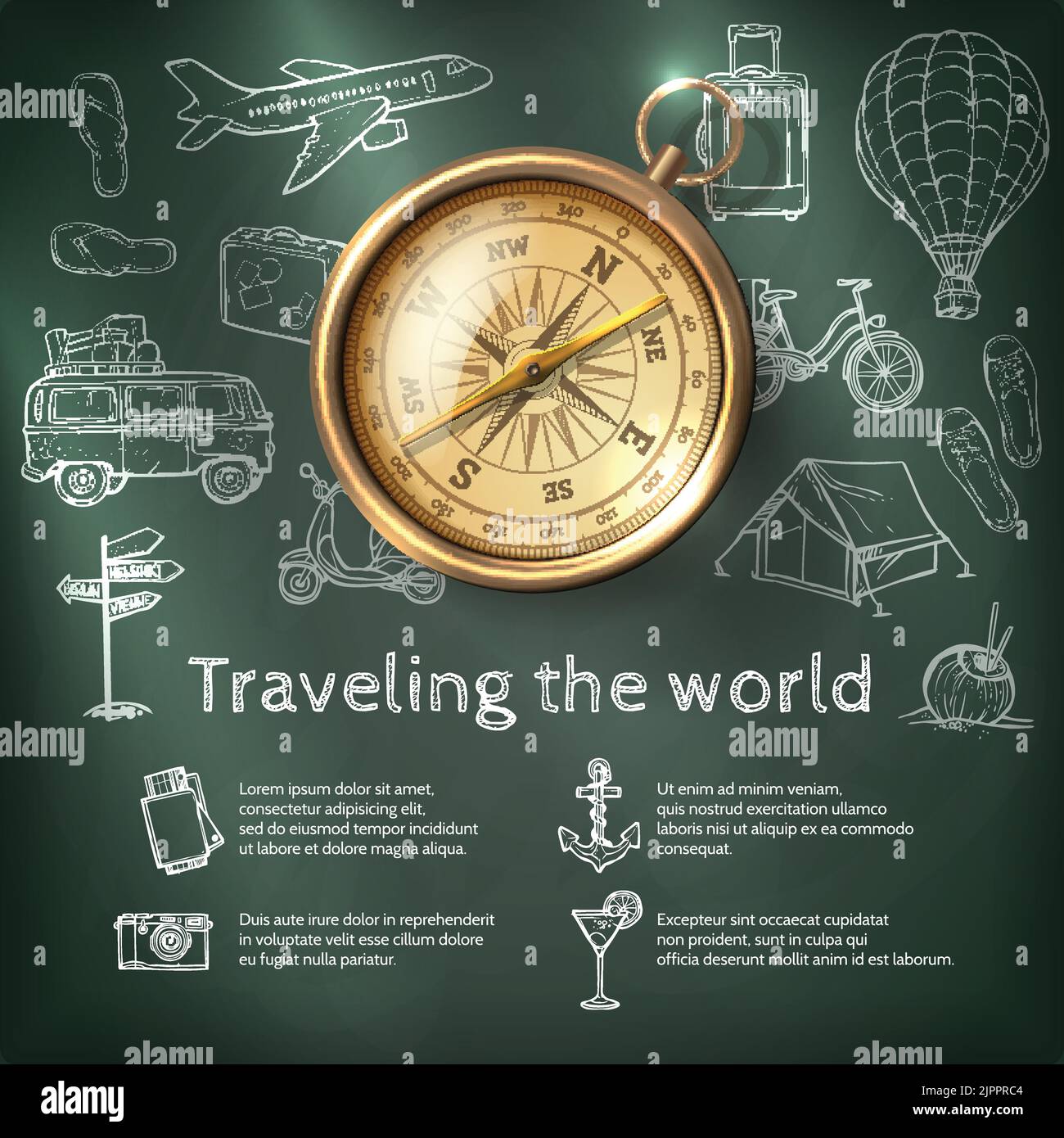 World travel poster with compass and tourism and holiday chalkboard elements vector illustration Stock Vector