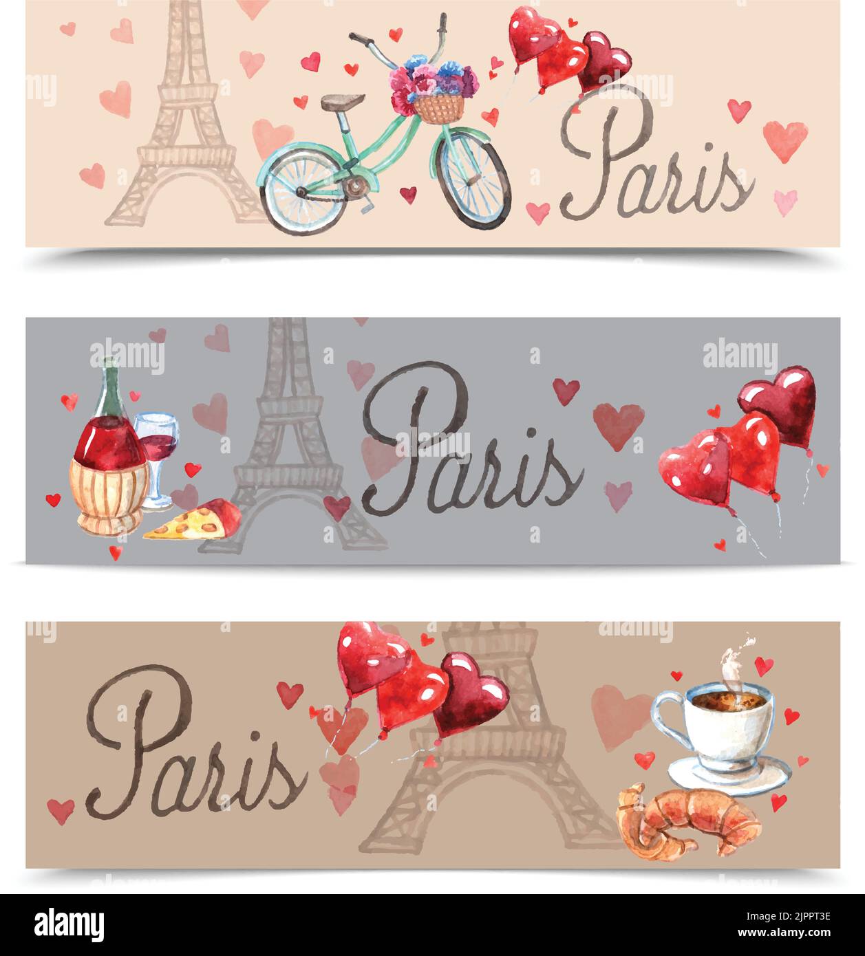 Paris  romantic love balloons and red wine with eiffel tower background banners set abstract watercolor vector illustration Stock Vector