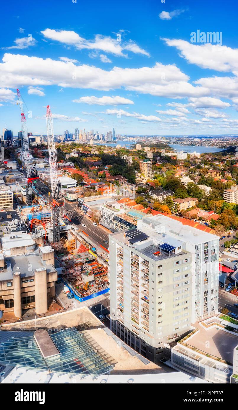 Sydney Lower North shore residential suburbs of North Sydney council in aerial vertical panorama