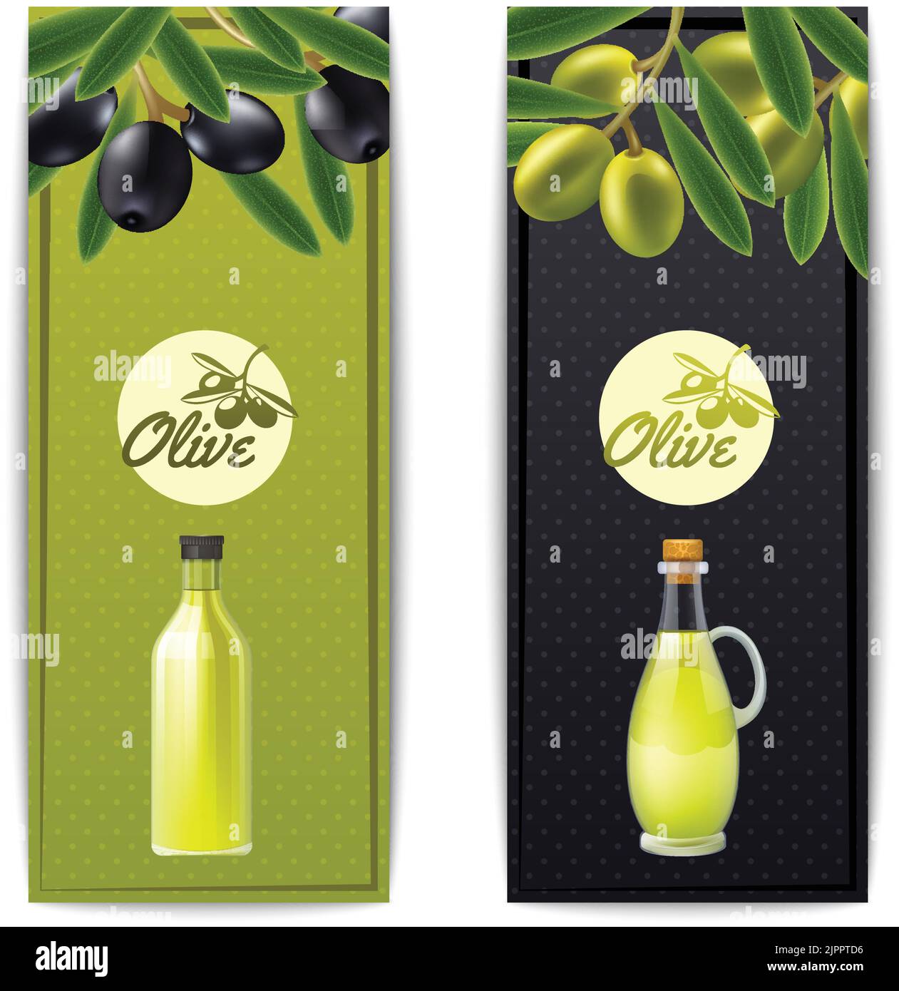 Olive oil bottle and pourer with black and green olives vertical banners set abstract isolated vector illustration Stock Vector