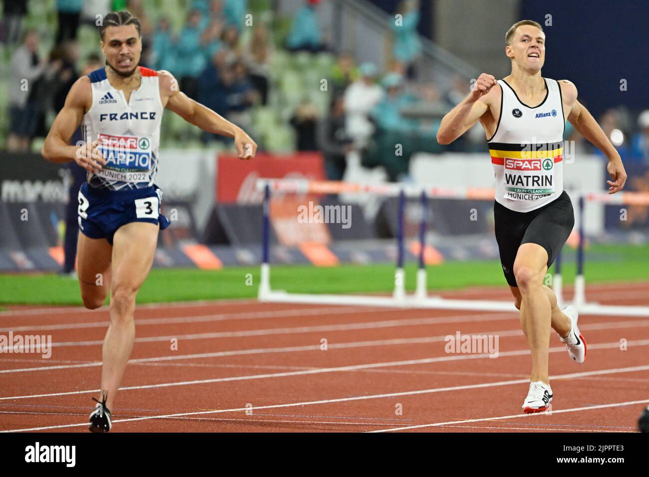 French Wilfried Happio and Belgian Julien Watrin pictured in action during the final of the men's 400m hurdles race at the European Championships athletics, at Munich 2022, Germany, on Friday 19 August 2022. The second edition of the European Championships takes place from 11 to 22 August and features nine sports. BELGA PHOTO ERIC LALMAND Stock Photo