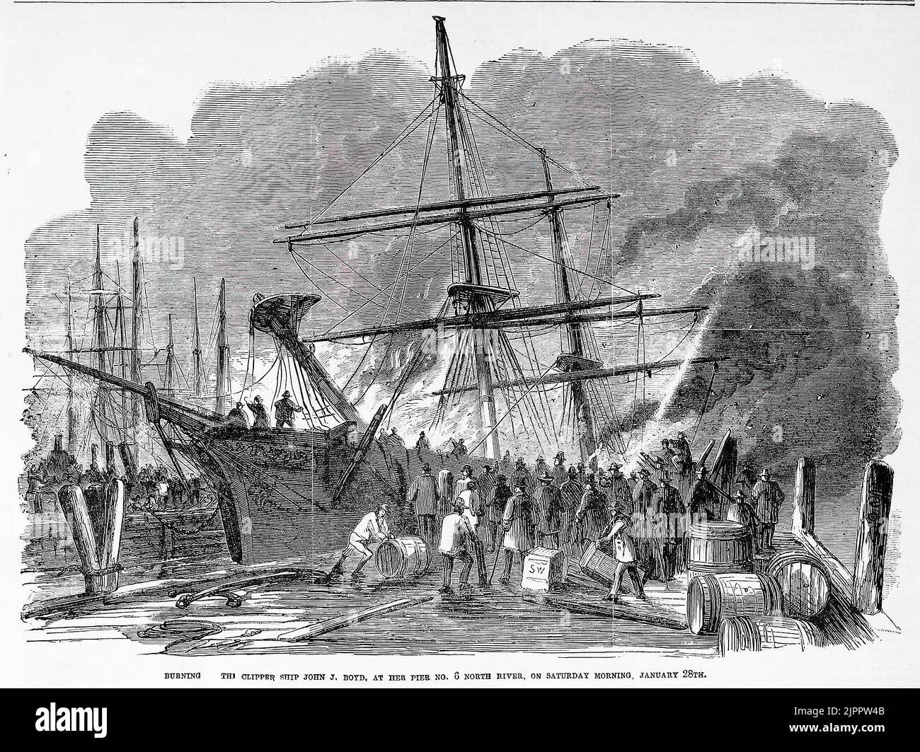 Burning of the clipper ship John J. Boyd, at her pier No. 6 North River (Hudson River), on Saturday morning, January 28th, 1860. 19th century illustration from Frank Leslie's Illustrated Newspaper Stock Photo