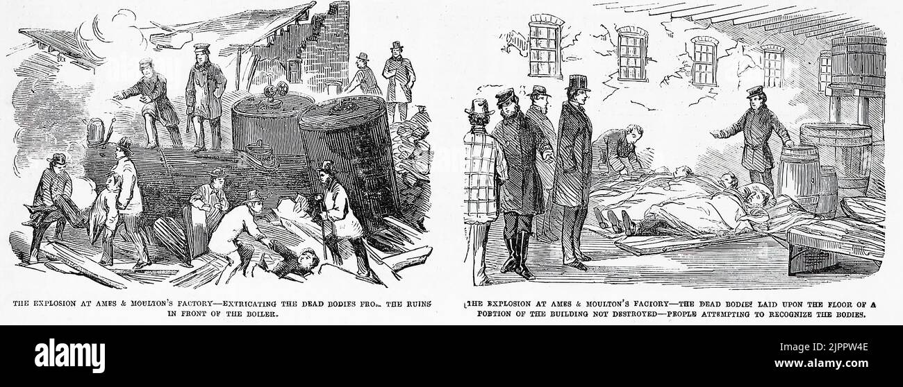 The explosion at Ames and Moulton's Factory - Extricating the dead bodies from the ruins in front of the boiler - The dead bodies laid upon the floor of a portion of the building not destroyed - People attempting to recognize the bodies. February 3rd, 1860. 19th century illustration from Frank Leslie's Illustrated Newspaper Stock Photo