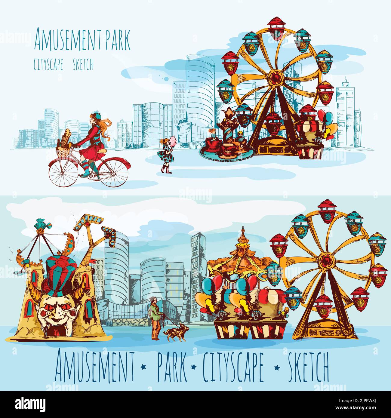 Amusement park sketch cityscape horizontal banners with people ferris wheel and city on background vector illustration Stock Vector